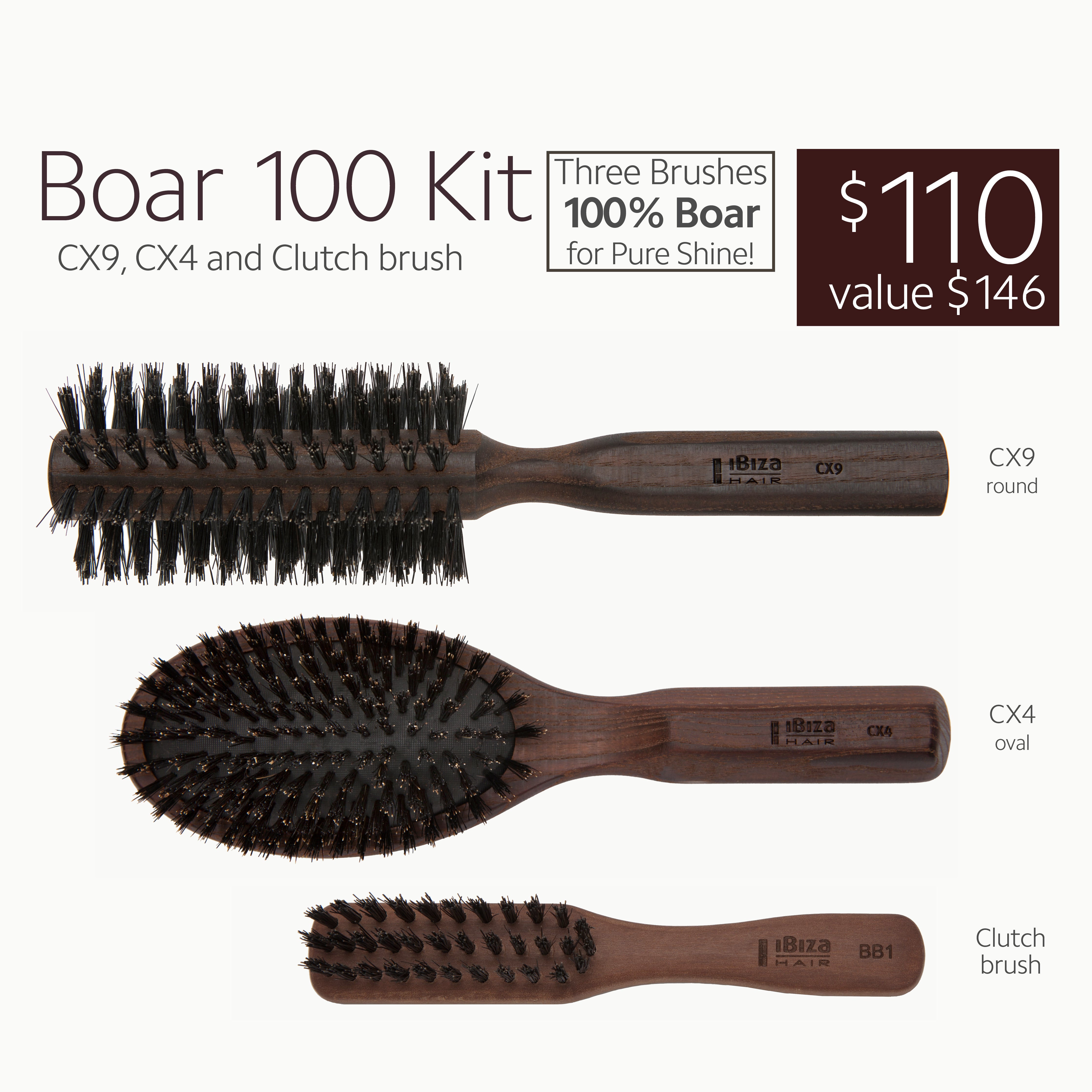 Ibiza Hair Boar 100 Kit brosses rondes sanglier CX9 CX4 Clutch