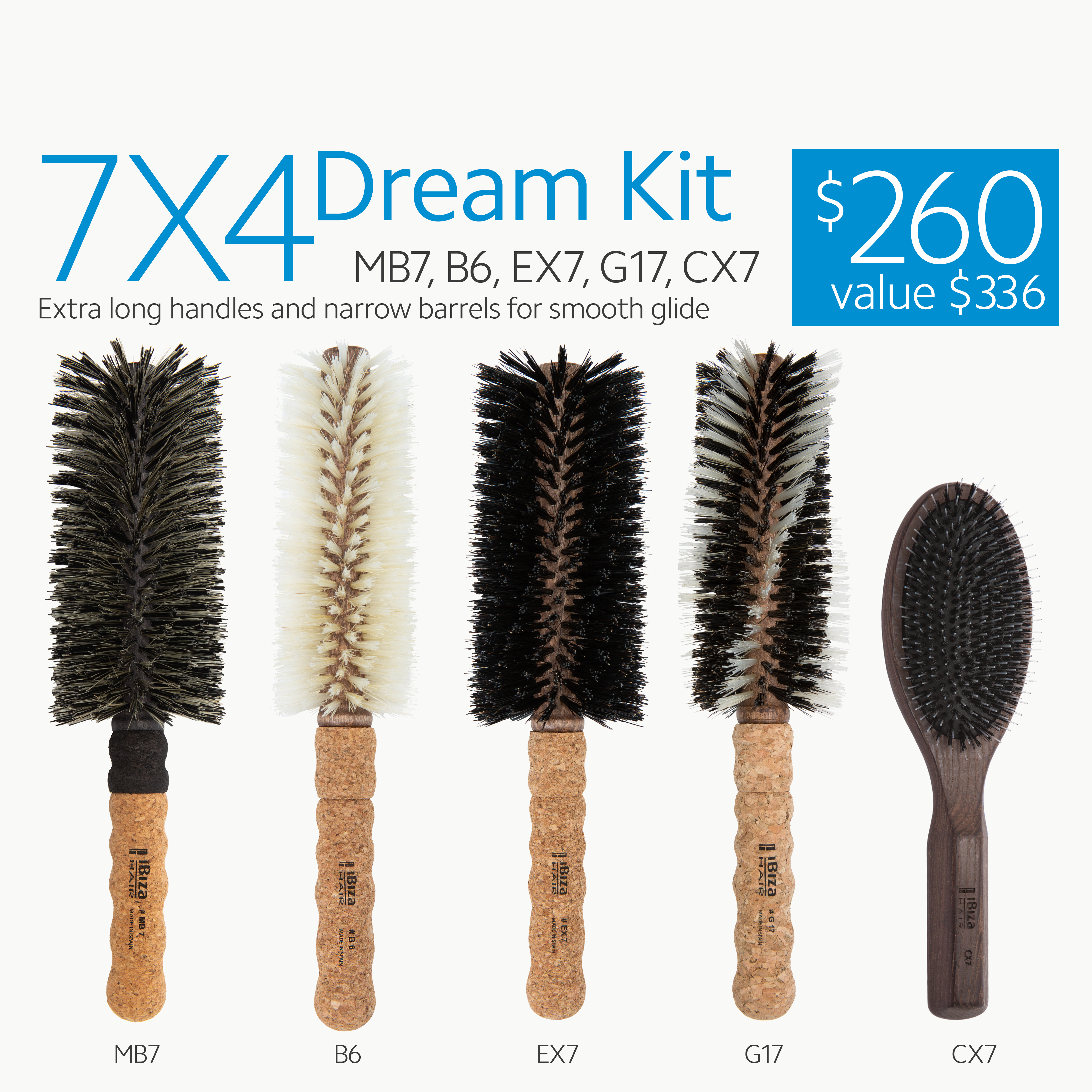 Ibiza Hair 7X4 Dream Kit kit 5 brosses rondes poils de sanglier