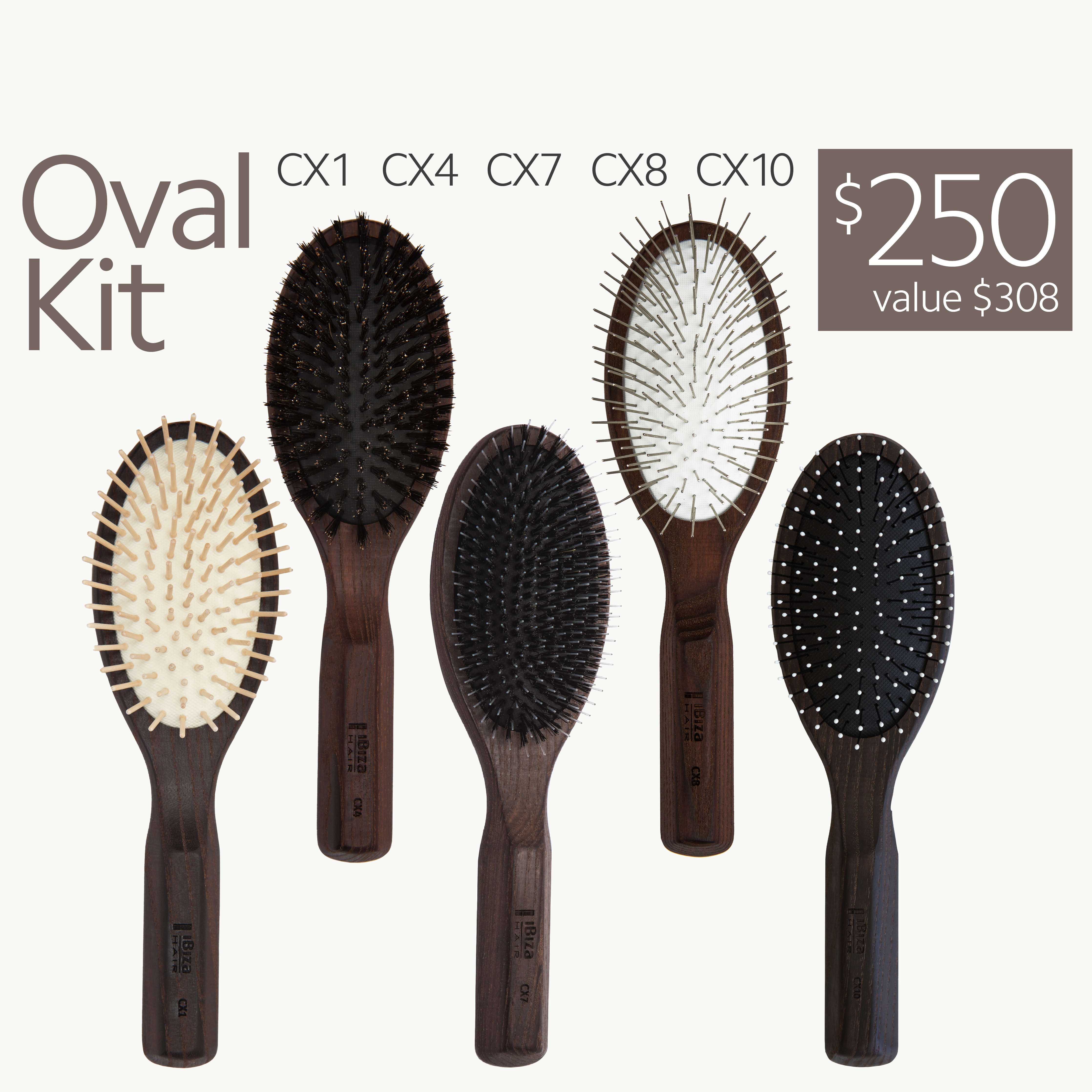 Ibiza Hair Oval Kit 5 brosses ovales CX bois carbonisé démêlage